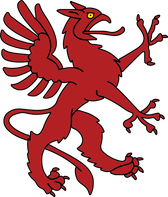 The logo of Gryphon Moto consists of a red gryphon with a yellow eye. The company specializes in designing and selling protective motorcycle clothing.